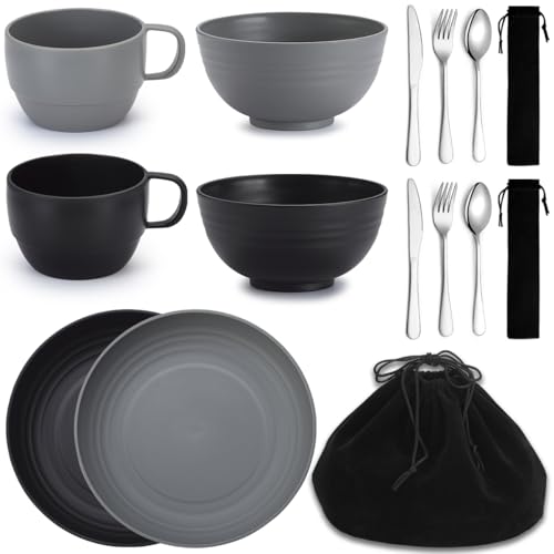 Camping Mess Kit for 2 Persons with Black & Gray Utensils and Tableware