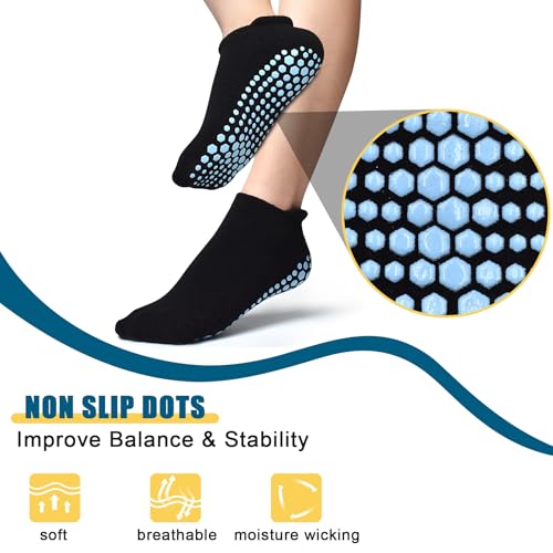 Unisex Yoga & Pilates Non-Slip Grip Socks 6 Pairs Black - Size 8-10, Cushion Sole