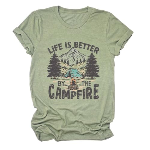 Camping Shirt Women Life Is Better Graphic Tee Olive Green Medium