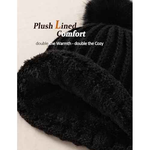 Womens Winter Hat with Pom Pom, Knit Fleece Beanie Hats for Women Cold Weather, Warm Toboggans Cap