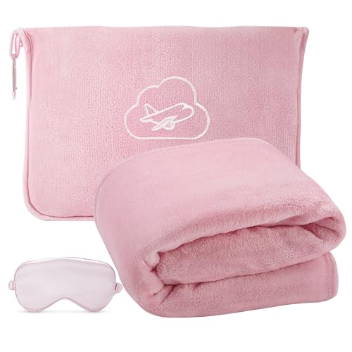 Travel Blanket, Airplane Blanket with Bag, Ultra-Soft, Warm & Lightweight, 65x40 in, Outdoor Blanket Essentials for Women, Men & Kids, Included Eye Mask, Luggage Sleeve & Backpack Clip