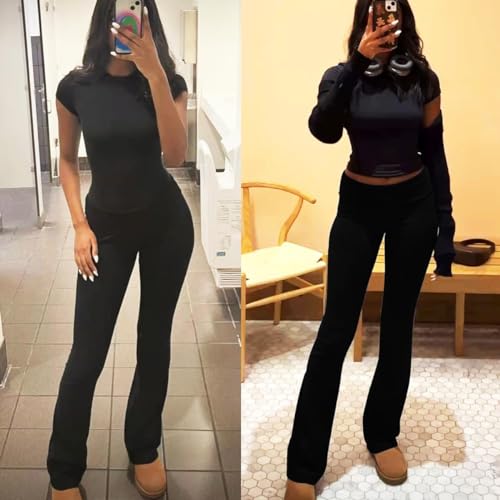 ZFLM Casual Workout Two Piece Outfits for Women Black Medium - Crop Top & Flare Pants Set