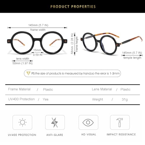 Gleyemor Retro Round Glasses for Men Women Vintage Circle Glasses Frames Costume Cosplay Eyeglasses Anti Blue Light Lens