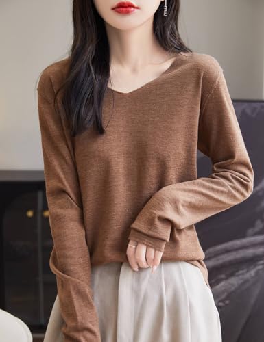 Women's Merino Wool Base Layer Shirt Long Sleeve V-Neck Travel Hiking Top - Caramel Large