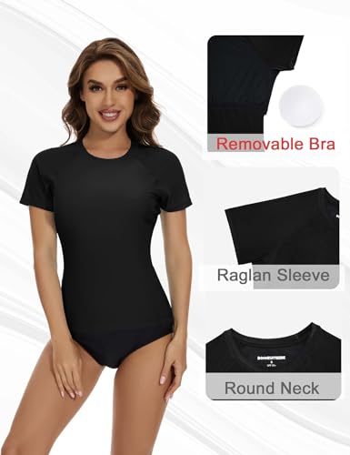 Women's Short Sleeve Rash Guard with Built-In Bra Swim Shirt - Medium Black