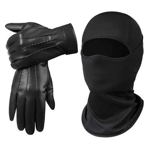 Winter Balaclava Face Mask PU Leather Gloves Set,Breathable Full Face Mask Touchscreen Waterproof Gloves for Men Women