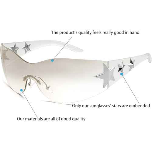 Rimless Y2K Sunglasses Star Wrap Around Glasses 2000S Accessories for Women Men Trendy Fashion Cool Shield Shades