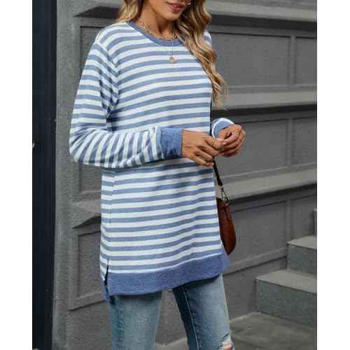 Womens Casual Striped Long Sleeve Shirt Trendy Crew Neck Slim Loose Fit Basic Blouses Tops