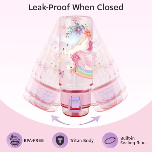Pink Unicorn Kids Water Bottle 18.6oz BPA-Free Tritan with Handle & Straw