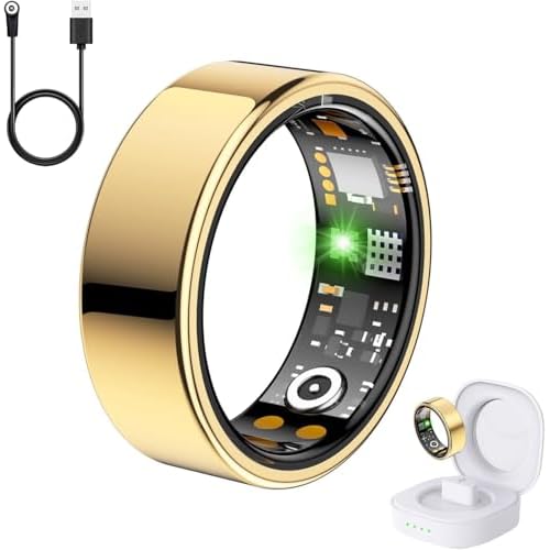 Health Tracker Ring, Smart Health Ring for Women Men with Heart Rate, Blood Oxygen, Sleep Monitor, Steps,Calories, No Subscription Fee, IP68 Waterproof Smart Ring for iPhone & Android (Gold, 7#)