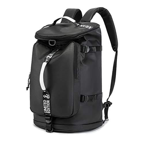 Waterproof Black Gym Duffle Bag with Laptop Compartment - 40L Travel & Sports Backpack - Trendy Lightweight Design for Men & Women (Black)