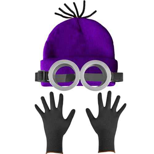 Halloween Costume Adult Accessories, Purple Beanie, Goggles Glasses and Gloves for Men Women Kids, Halloween Cosplay Party Set