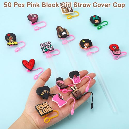 50 Pcs Pink Black Girl Straw Cover Caps Compatible with Stanley Cup, Silicone Cute Reusable Straw Toppers compatible with Stanley Cup Accessories 10mm