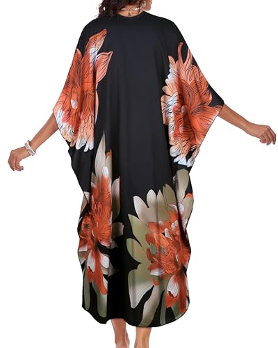 Kaftan Dresses for Women V Neck Caftans Batwing Sleeve Beach Cover Ups - Orange Green Floral