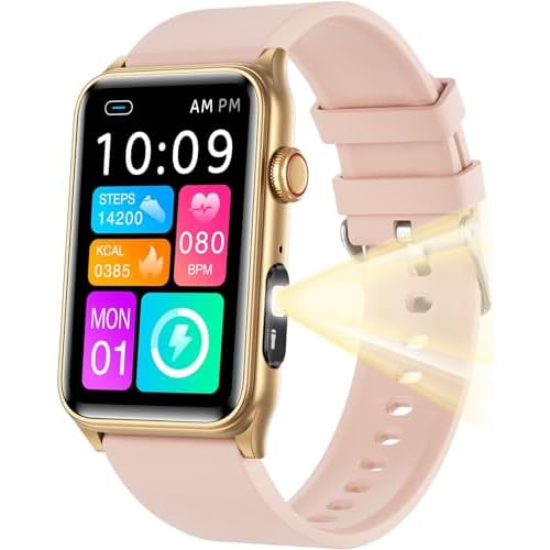 KPEP Health Fitness Watch with LED Flashlight, 24/7 Stress/Blood Pressure/SpO2/Heart Rate/Sleep Monitor, 100+ Sport Modes Calorie Counter Pedometer IP68 Waterproof Fitness Tracker for Men Women, Pink