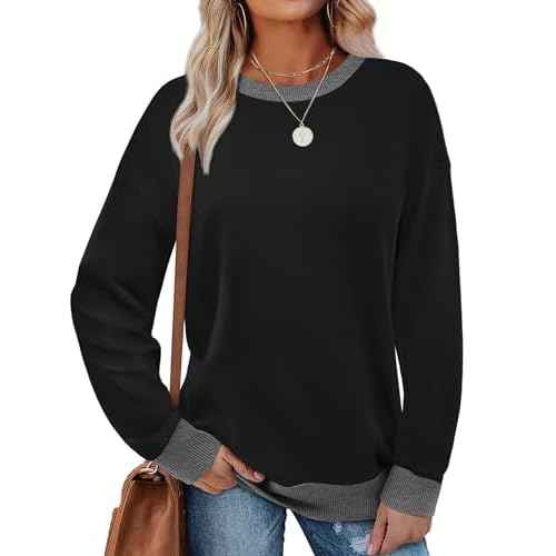 Saloogoe Sweatshirts for Women Crewneck Long Sleeve Loose Fit Tops Color Block Ribbed Trim Fashion 2025