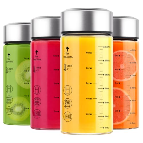12oz Wide Mouth Glass Juice Bottles with Stainless Steel Lids - Pack of 4