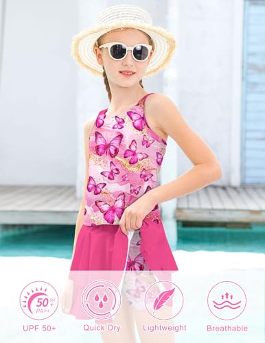 Girls Tankini Swimsuit Two-Piece Bathing Suit with Shorts 7-12Y - Butterflies, Size 9-10 Years