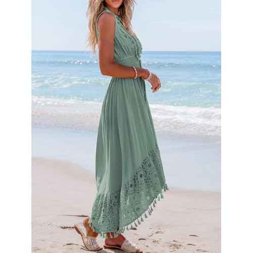 CUPSHE Women's Maxi Dress V Neck Sleeveless Lace Tassel Smocked Waist Cover Up Beach Formal Long Dress