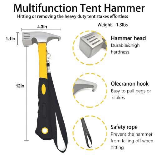 12-Pack Heavy Duty Tent Stakes with Hammer and Storage Pouch - 12in Forged Steel Camping Stakes for Rocky and Hard Surfaces