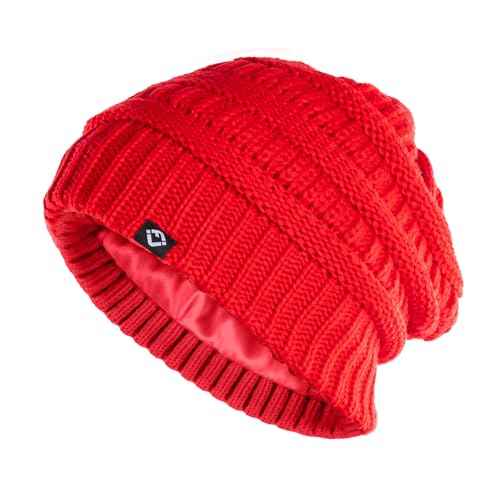 Funky Junque Satin Lined Beanie ? Women¡¯s Slouchy Cable Knit Winter Hat, Silky Interior Skull Cap, Oversized Warm Beanies