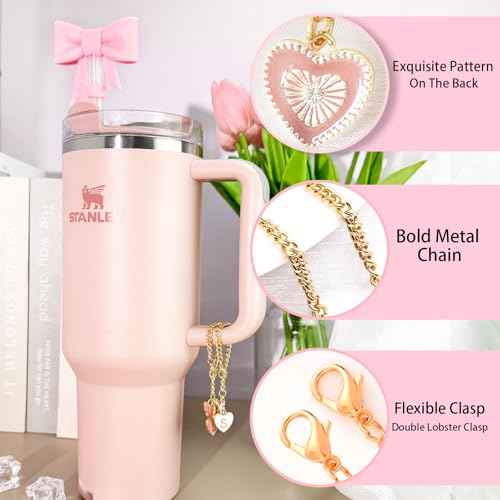 Pink Bow for Stanley Straw Topper- 3pcs Cute Cup Bow Straw Cover Silicone Cap 10mm with 2pcs Initial Letter Charms Name Id Personalized Accessories 40/30 Oz Tumbler Water Bottle Cups J