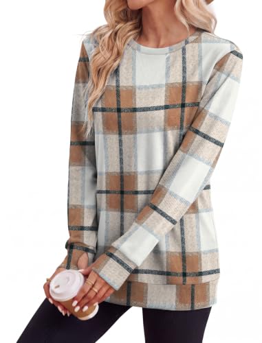 Women’s Crewneck Sweatshirt Long Sleeve Fall Outfit - Large Brown Plaid