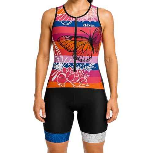 WIXEN Women's Triathlon Suit Sleeveless Tri Suit Padded Cycle Race Swim Bike Run Trisuit Back Pockets