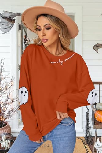 HEBBE Halloween Ghost Sweatshirt Women Spooky Season Pullover X-Large Orange