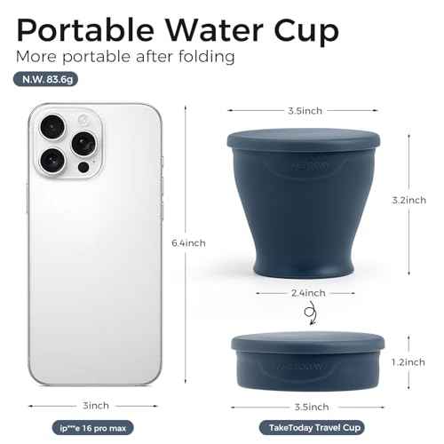 TakeToday Collapsible Travel Cup - Silicone Foldable Water Cup, BPA-Free with Lid & Waterproof Bag - Drinking Cup Set for Camping, Outdoors & International Travel£¨8 Oz, Navy£©