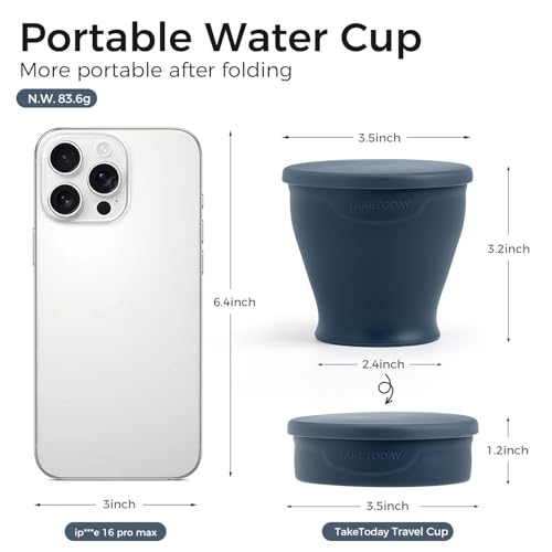 TakeToday 2PCS Collapsible Travel Cup - Silicone Foldable Water Cup, BPA-Free with Lid & Waterproof Bag - Drinking Cup Set for Camping, Outdoors & International Travel£¨8 Oz, Navy & Lowcountry Peach£©