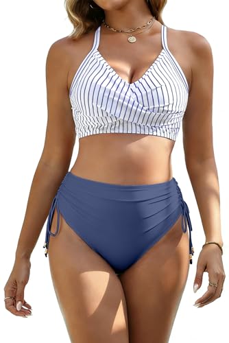 Women's High Waisted Bikini Sets Stripe Blue Large Tummy Control Swimsuit with Drawstring & Crisscross Tie Back