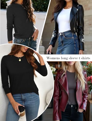 Ekouaer Women's Long Sleeve Crew Neck Tops 3 Pack - Black, White, Dark Grey