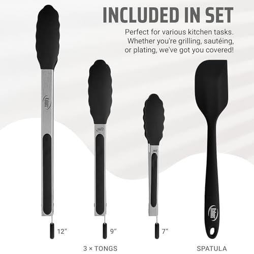 Kaluns Black Kitchen Tongs Set of 4 with Silicone Tips & Bonus Spatula