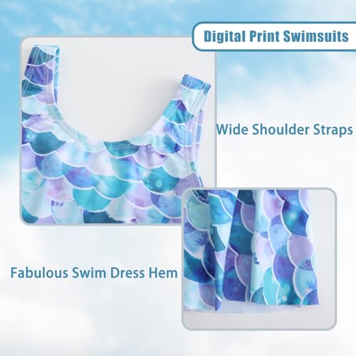Girls Leopard One Piece Swimsuit with Skirt – Light Blue Mermaid, 12-14 Years