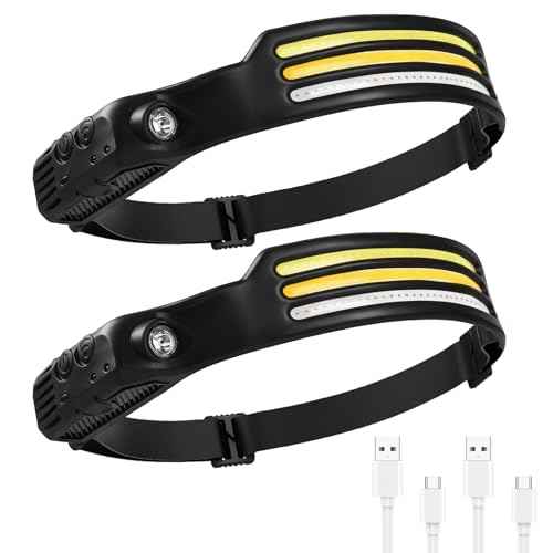 AURUZA 2PCS Headlamp Flashlight,2 COB 230¡ÆWide Beam Headlight Rechargeable LED Headlamps with Motion Sensor Bright 5 Modes Three Light Strips Waterproof Head Lamp for Outdoor Running, Camping Hiking