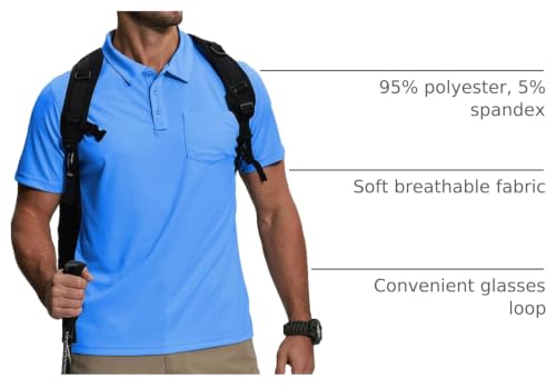 Men's Polo Shirts with Pockets 5 Pack Short Sleeve Athletic Work Uniforms - Apricot, Light Blue, Royal Blue, Light Royal Blue, Emerald Blue - Large