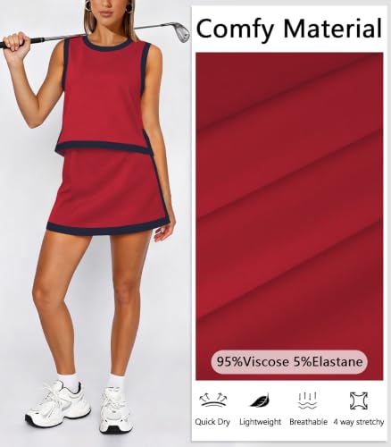 Women's Tennis Skirt Set - 2 Piece Athletic Outfit with Shorts, Medium, Wine Red & Navy Blue