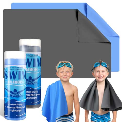 Swim Chamois Towel 2 Pack - Blue & Grey, 17 x 26 Inches, Quick Dry & Absorbent