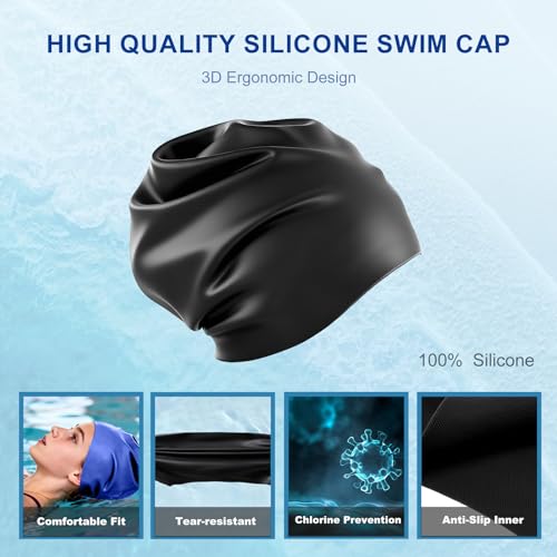 Extra Large Waterproof Swim Cap for Braids Dreadlocks & Curly Hair - Black & Blue