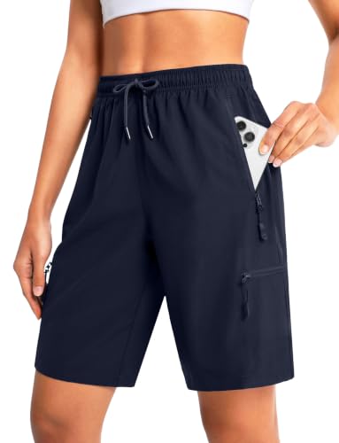 Women's 7/9 Inch Cargo Hiking Shorts with Zipper Pockets - Medium Navy, 9 Inch