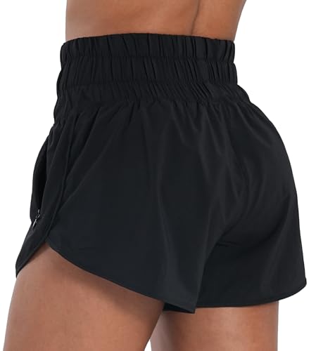 Sunzel Women's High Waist Running Shorts with Liner & Zipper Pocket - Medium Black