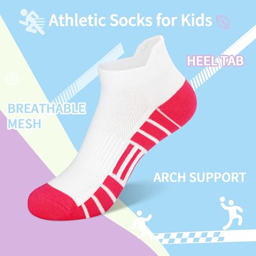 Girls Socks 12 Pairs Kids Athletic Socks with Tab 1-14 Years - Multicolor White, Size 10-14
