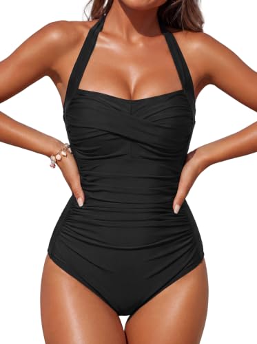 Women’s Tummy Control Halter One-Piece Swimsuit - Vintage Bathing Suit, Large / Black