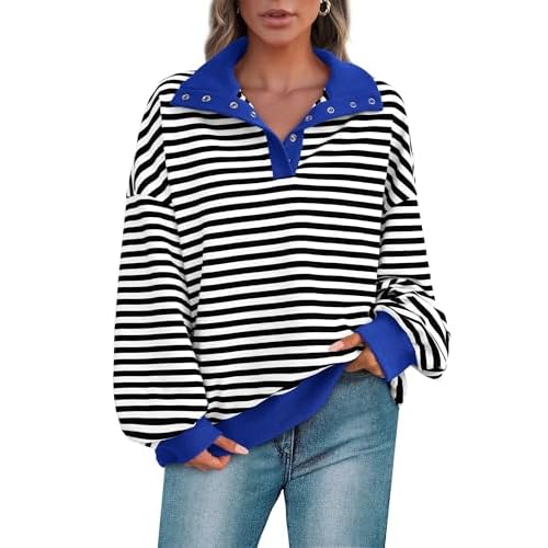 PRETTYGARDEN Women's Oversized Striped Sweatshirts Spring Fall Trendy Casual Long Sleeve Button Up Tops Shirt Preppy Clothes