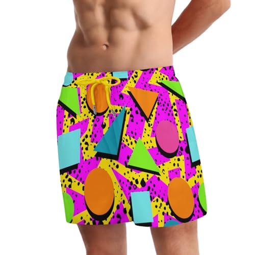 Men's Swim Trunks with Compression Liner - Large / 80s Memphis Style, 5.5 Inseam, Quick Dry Beach Shorts