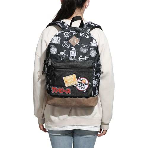 One Piece Live Action Backpack with Straw Hat Pirates Logo, 16.5-Inch Black Laptop Bag