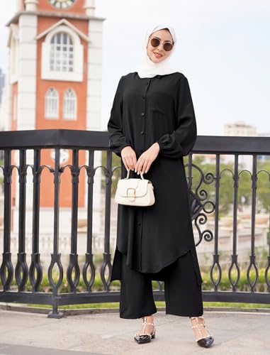 XX-Large Women's Muslim Abaya 2-Piece Set Long Sleeve Shirt & Pants Black Dubai Outfit