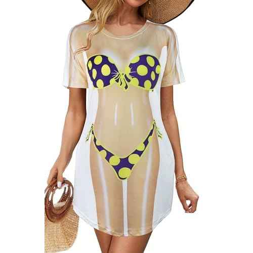 elescat Women's Beach Cover Up Bikini Printed Short Sleeve Tshirt Dress Baggy Cute Coverups