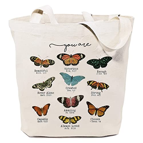 Beige Butterfly Christian Canvas Tote Bag Inspirational God Gifts for Women